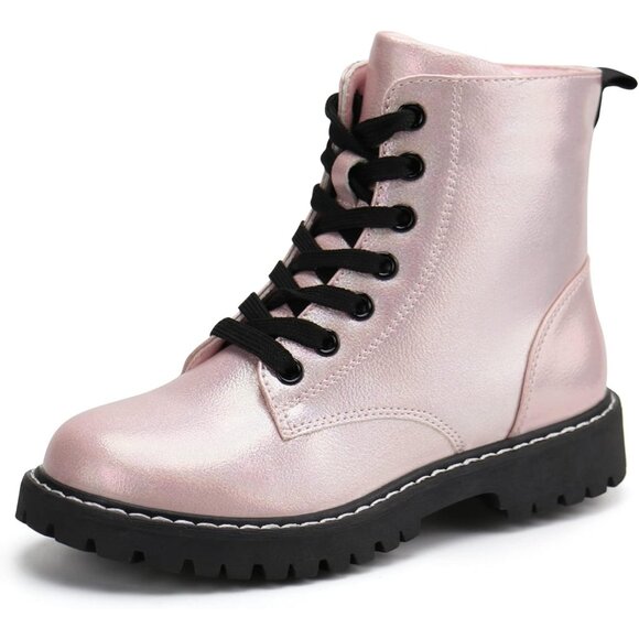 Kids Pink Ankle Boots Boys Girls Side Zipper Lace Up Work Boots Combat Boots - Picture 1 of 7